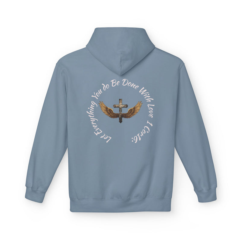 Blue hoodie with text and winged heart design on the back against a white background