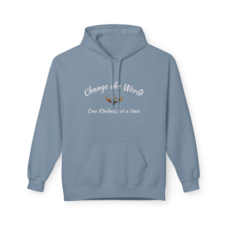 Blue hoodie with text and design on a white background