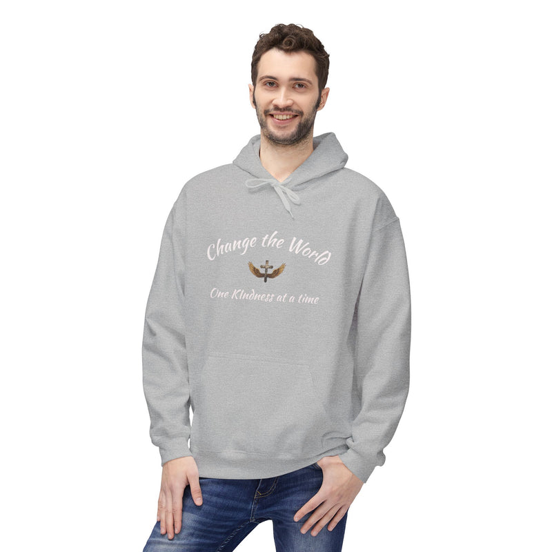 Man wearing a gray hoodie with text and logo on a white background