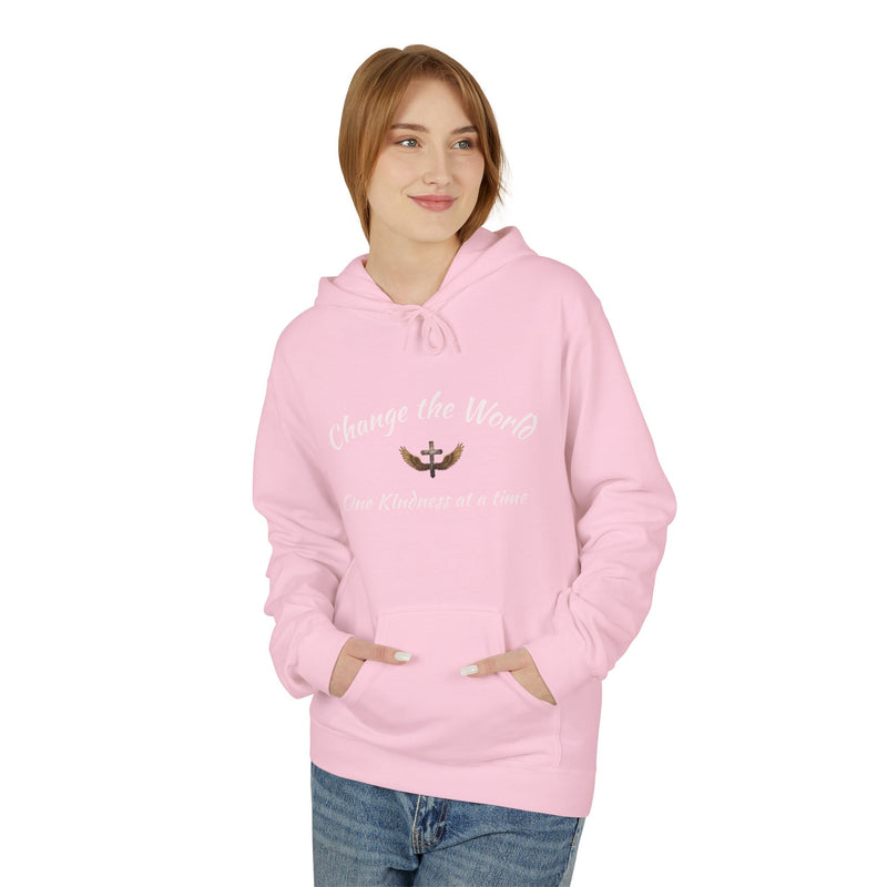 Person wearing a pink hoodie with text and logo on a white background
