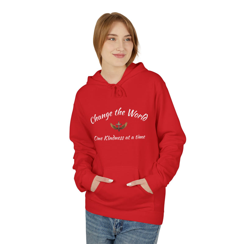 Person wearing a red hoodie with text and design on a white background
