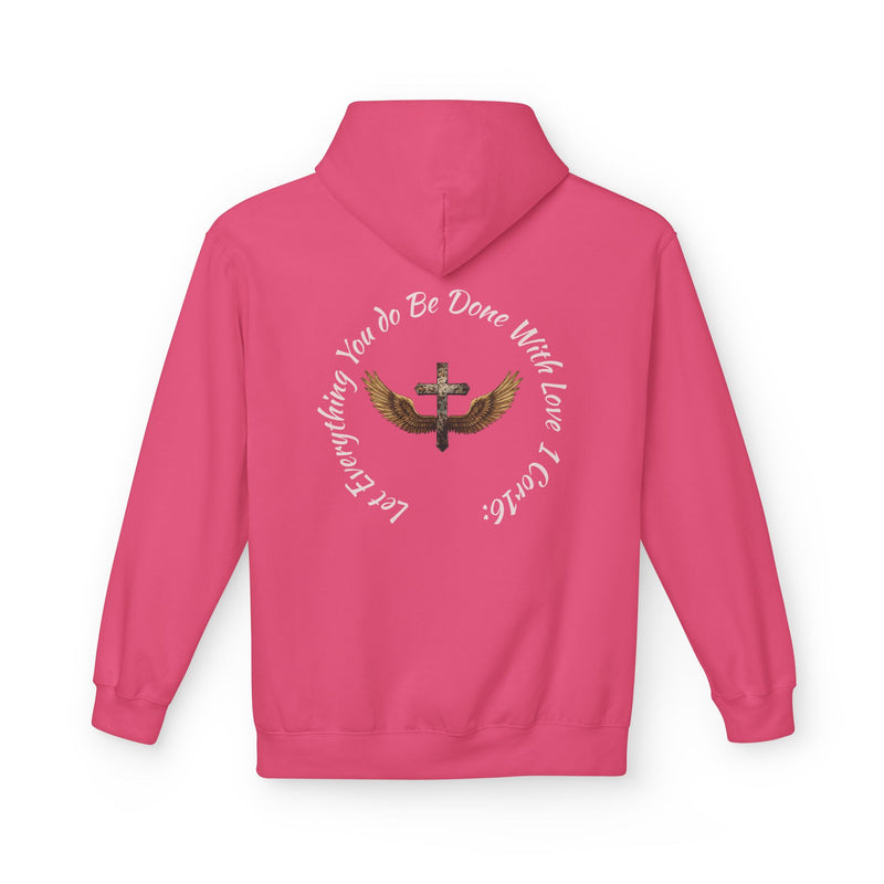 Pink hoodie with text and design on the back against a white background
